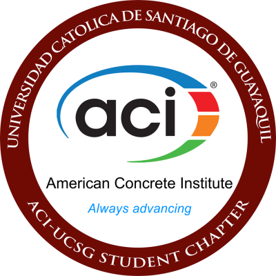 Logo del Instituto de Concreto Americano (ACI) con un borde rojo, texto en inglés y español, y el lema 'Siempre avanzando' en azul.