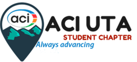 Logo del capítulo estudiantil de ACI en forma de pin con montañas y agua, con texto 'ACIJUTA STUDENT CHAPTER'.