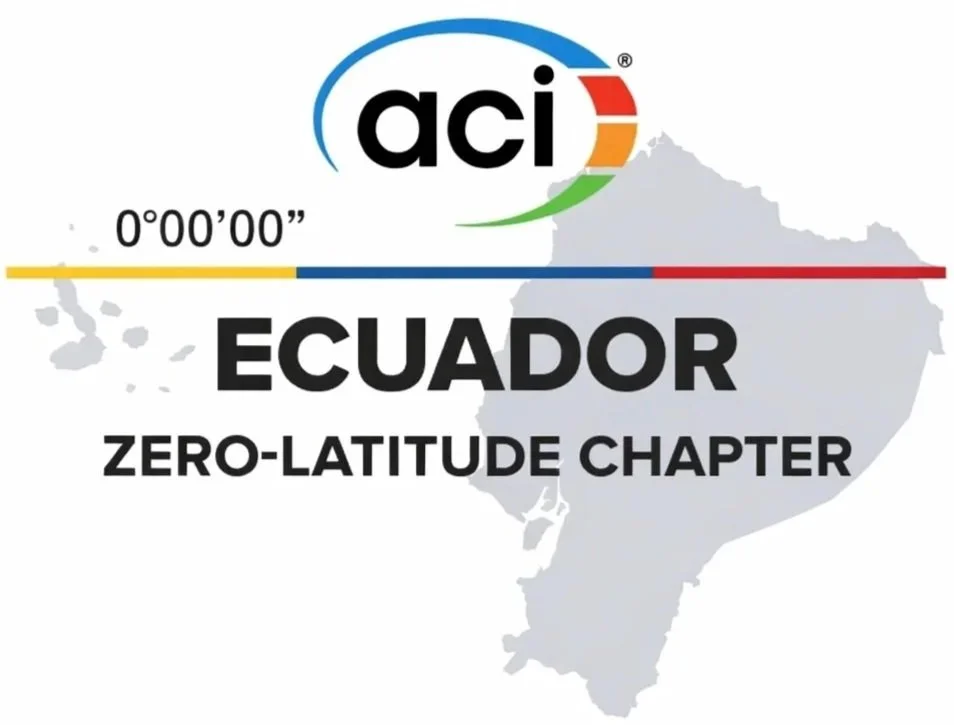 Mapa de Ecuador en gris claro con el logo de ACI y texto que dice 'Ecuador Zero-Latitude Chapter'.