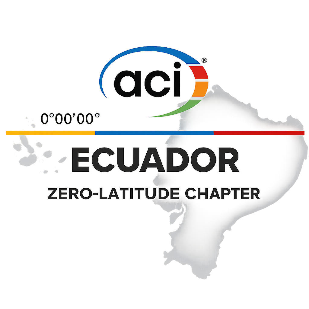 Logotipo de Ací Ecuador Zero Latitude Chapter con un fondo parcialmente difuminado del volcán Chimborazo.