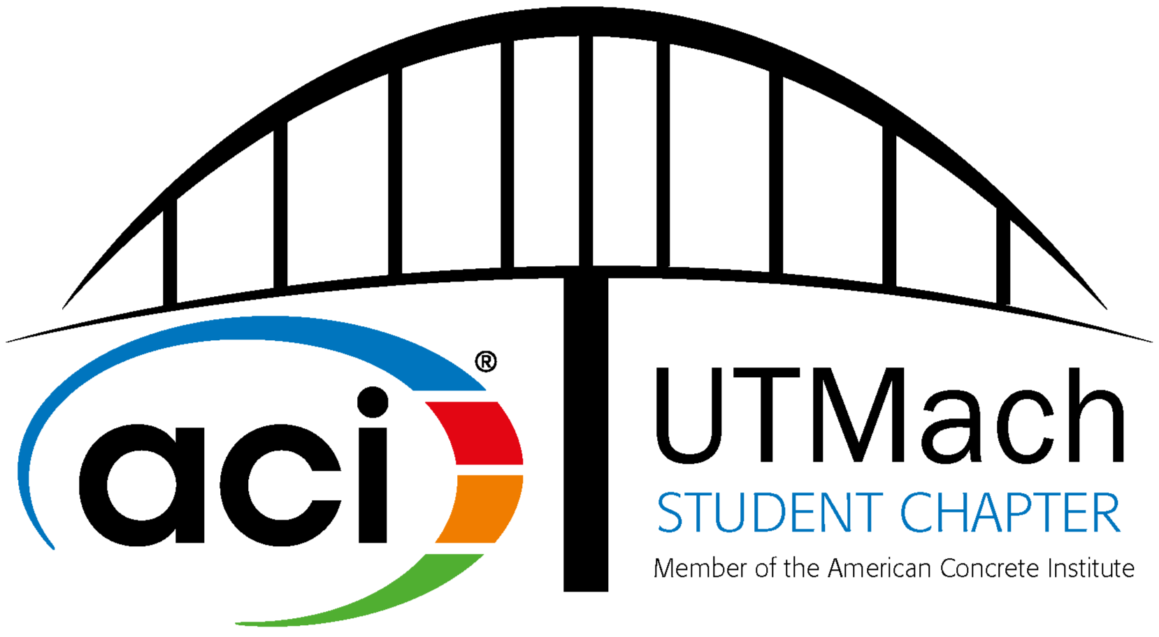 Logotipo del capítulo estudiantil de la American Concrete Institute (ACI) en la Universidad de Texas en Arlington, con un puente y el texto 'UTMACH STUDENT CHAPTER'