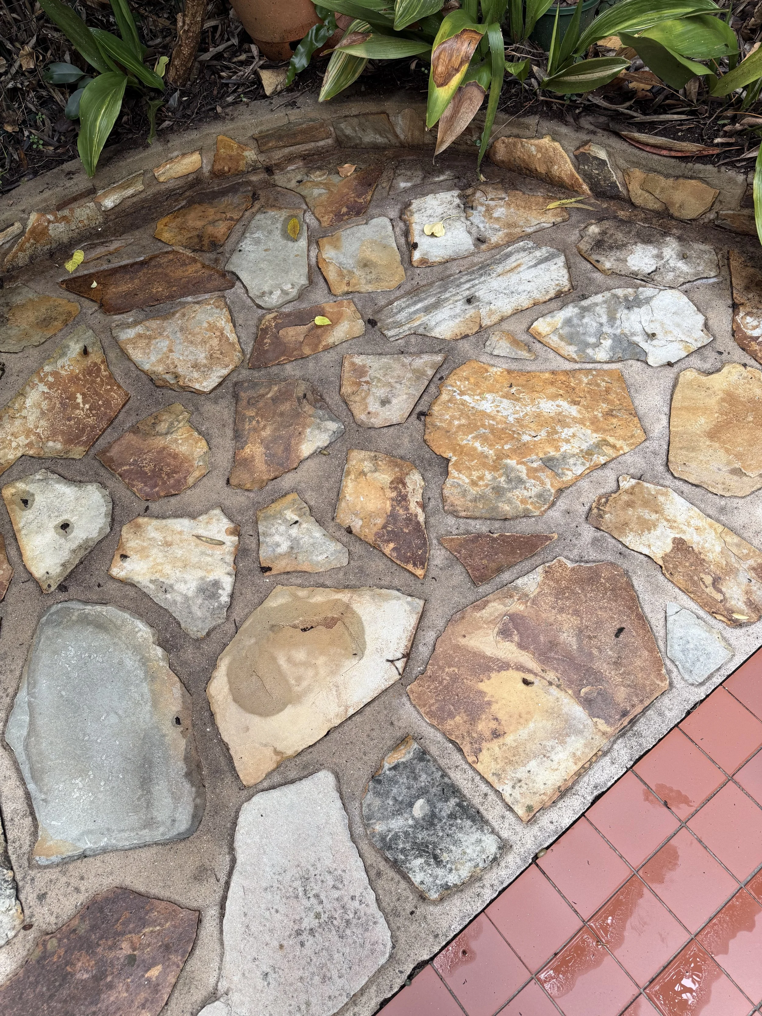 Just cleaned pathway made of irregularly shaped stones bordered by green plants and wet red tiles.
