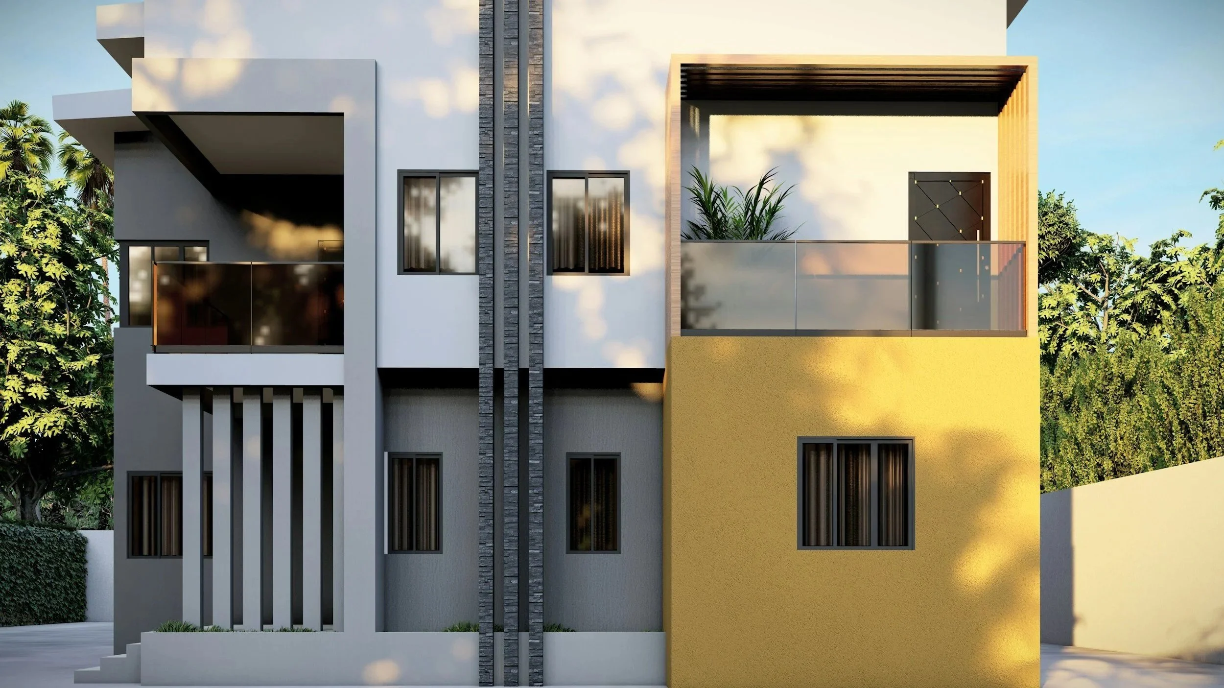 A modern multi-story house with a yellow and white facade, featuring large windows, a balcony, and decorative vertical elements on the exterior walls, surrounded by trees and greenery.