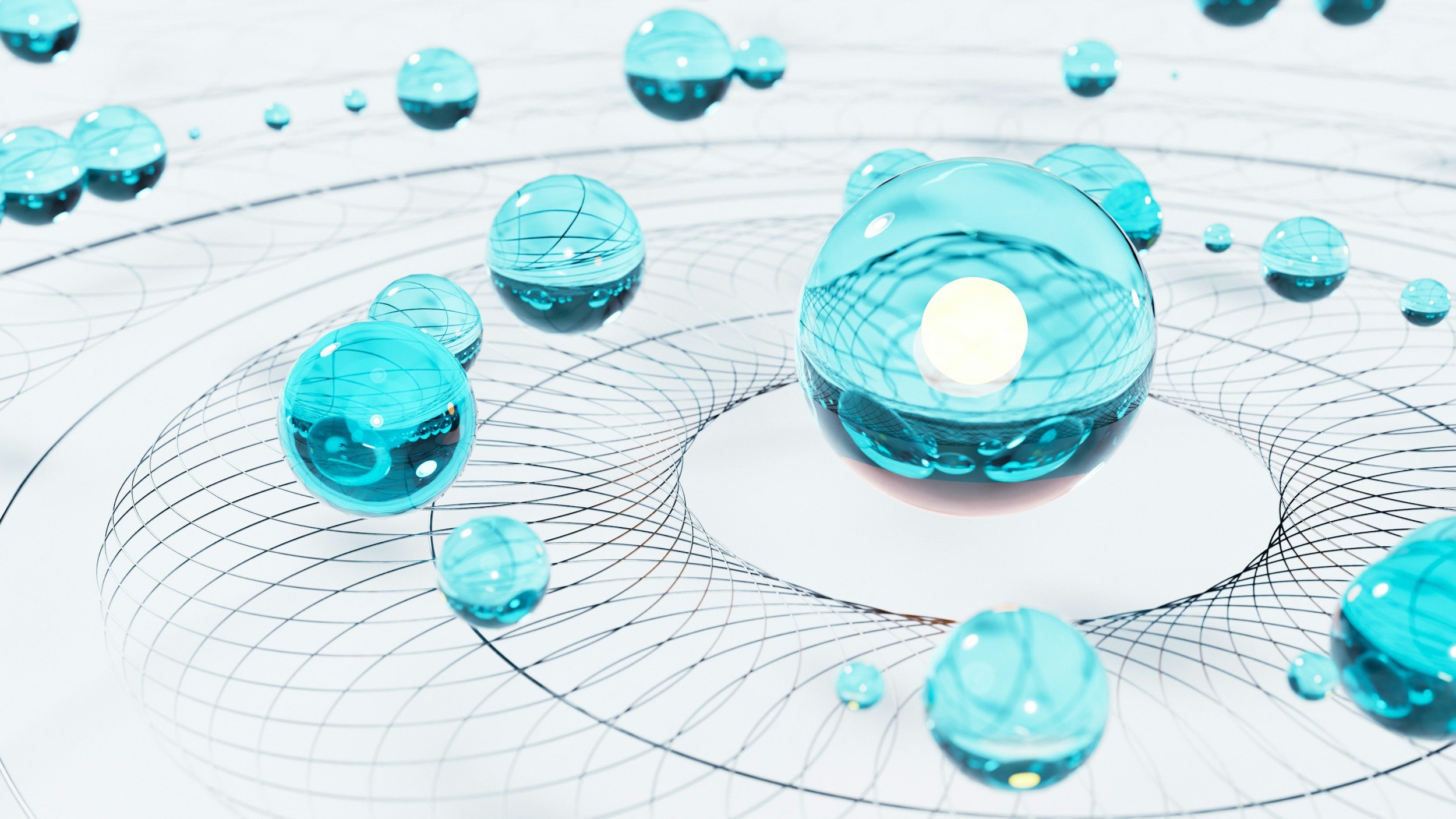 Digital art featuring blue glass spheres of various sizes floating above a wireframe grid that creates a three-dimensional space, with a minimal light background.