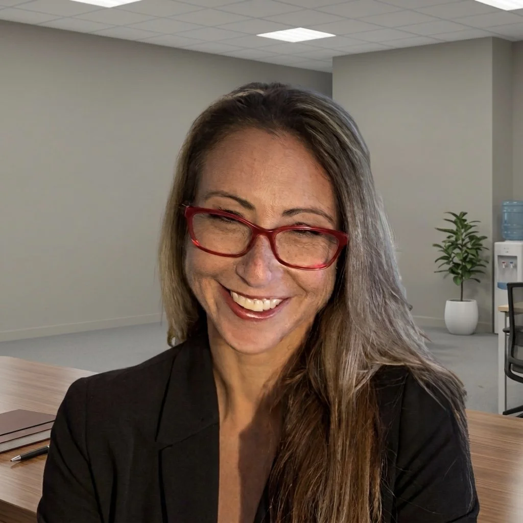 A woman with long hair, glasses, and a black blazer smiling in an office setting.