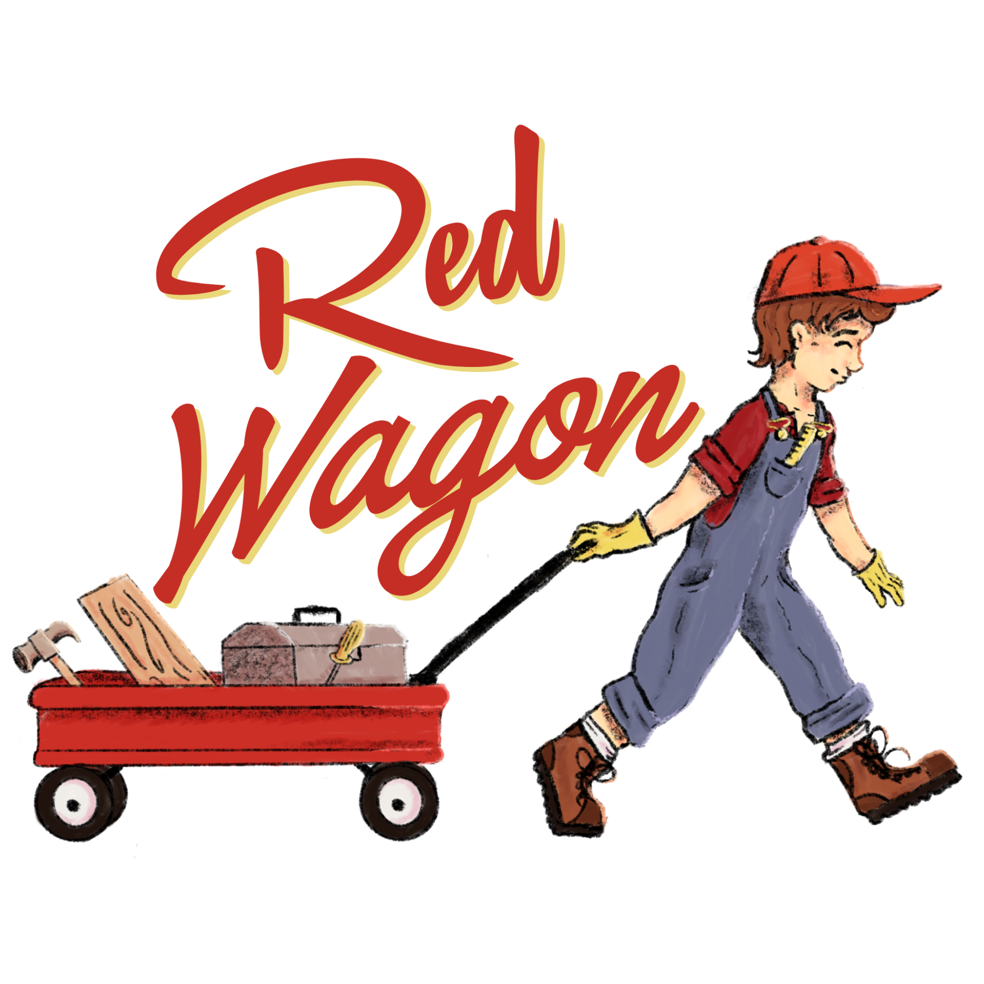 A vintage-style sign reading 'Red Wagon' with a boy in overalls and a red cap pushing a red wagon filled with tools and wooden planks.