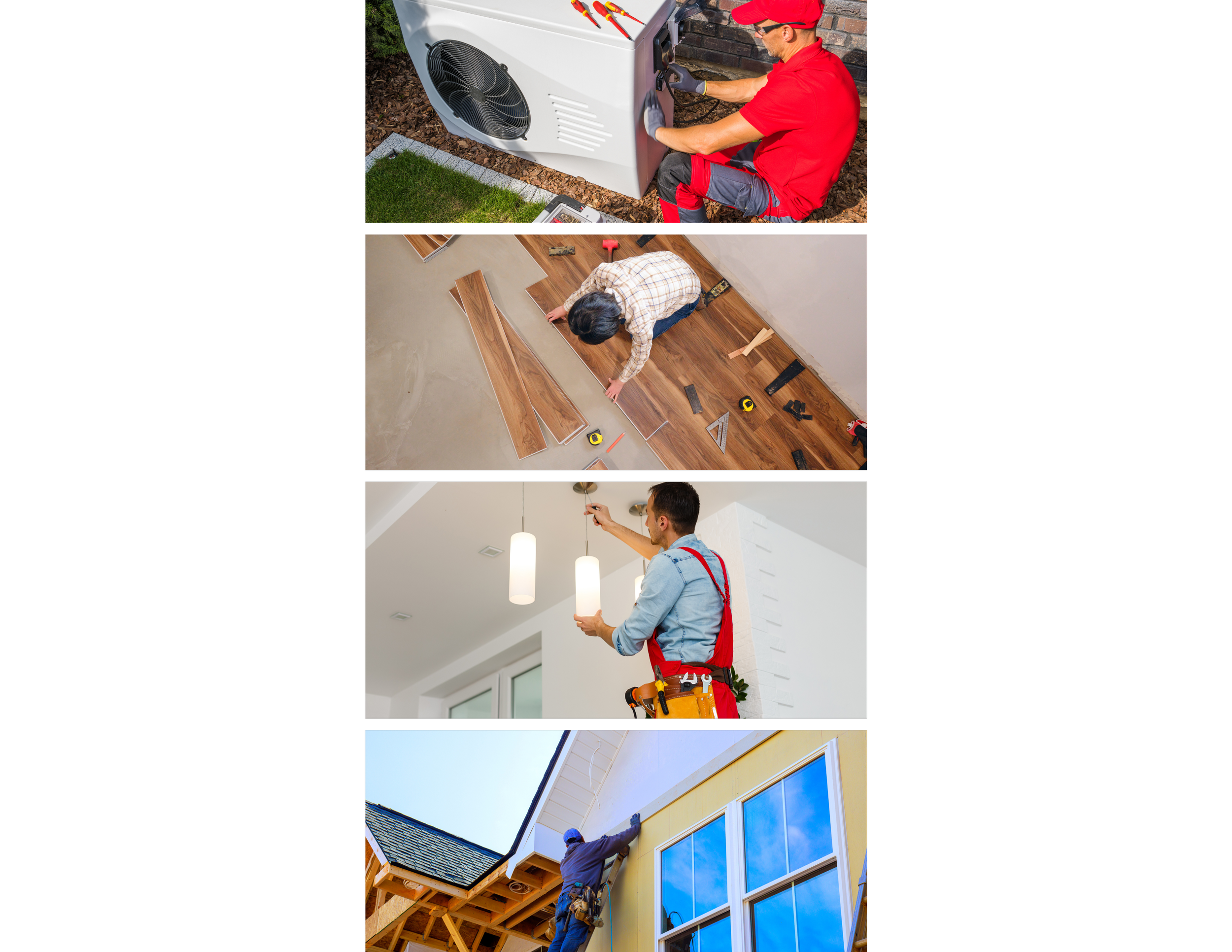 Four images showing different home improvement activities: an HVAC technician working on outdoor equipment, a person installing wooden flooring, a person installing pendant lights, and a worker installing siding on a house.