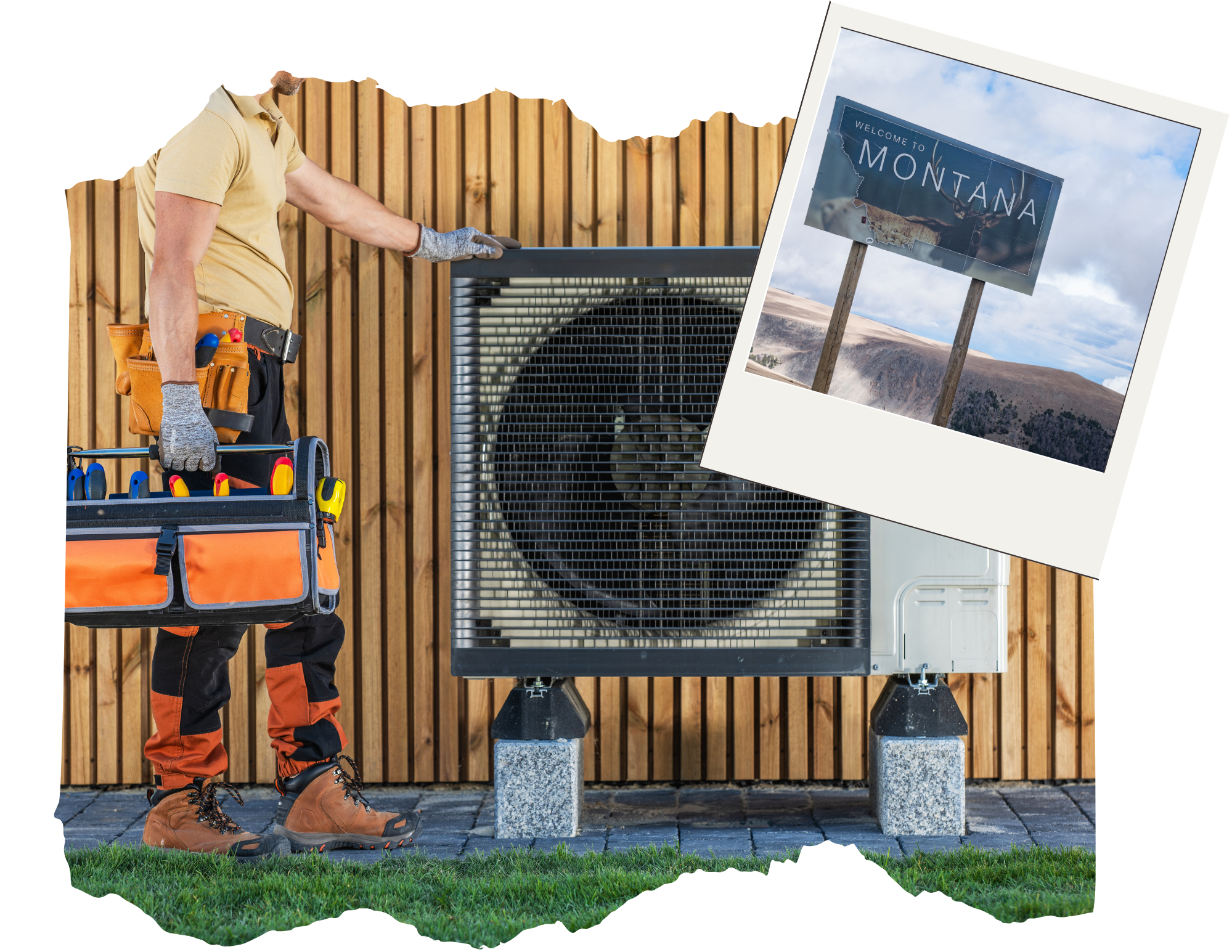 A worker in orange and black boots, gray gloves, a yellow shirt, and orange pants with black accents stands outdoors on a paved area. The worker's face is not visible, and they are holding tools and wearing a tool belt. The worker is positioned next to a large industrial air conditioning unit or heat pump. Behind them is a wooden fence, and in the background, there is a photo of a Montana welcome sign with a mountain landscape.
