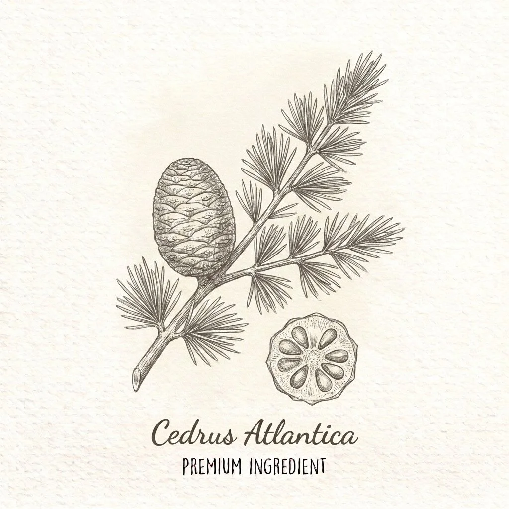 Black and white illustration of a pine branch with pine cone and slices of pine seed pod, with text 'Cedrus Atlantica Premium Ingredient'.