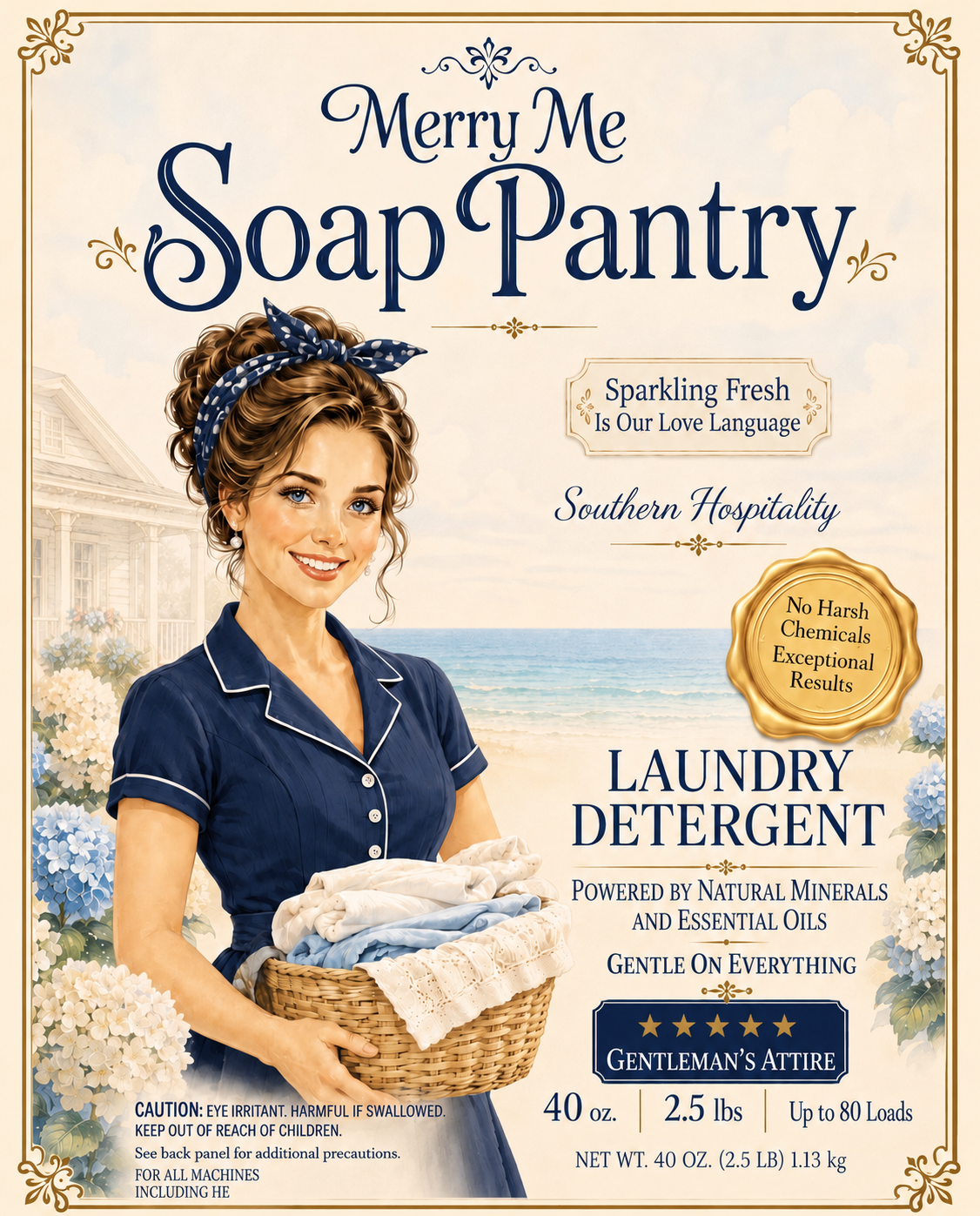 A woman dressed in a vintage blue dress holding a basket of laundry, standing outdoors by the ocean with a house and hydrangea flowers in the background, on a soap or detergent packaging label.