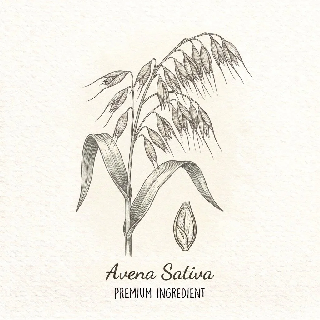 A detailed botanical illustration of an oat plant with grains and leaves, labeled 'Avena Sativa' and 'Premium Ingredient'.
