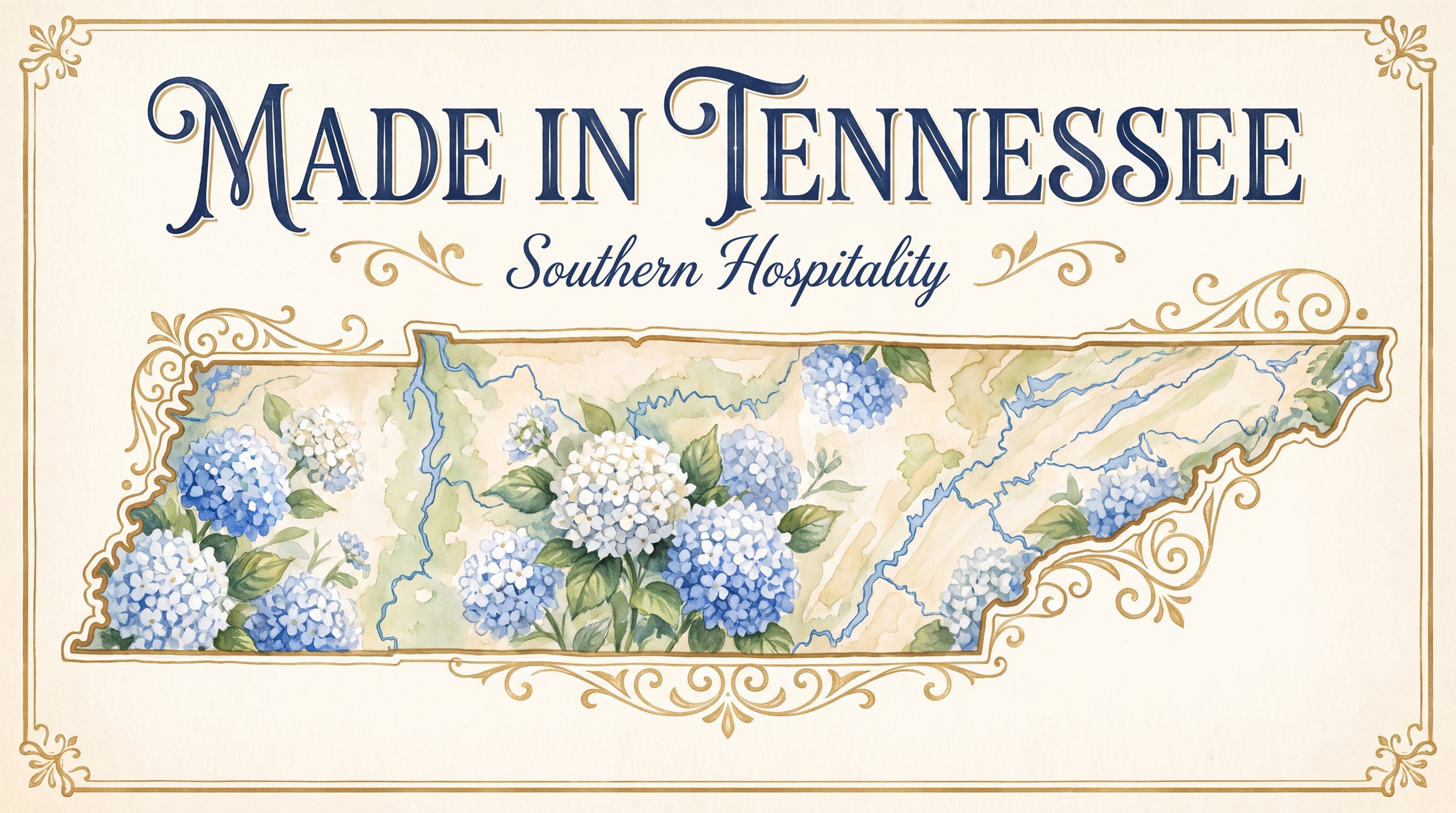 A decorative sign with the text "Made in Tennessee" and "Southern Hospitality" above a watercolor illustration of blue and white hydrangea flowers.