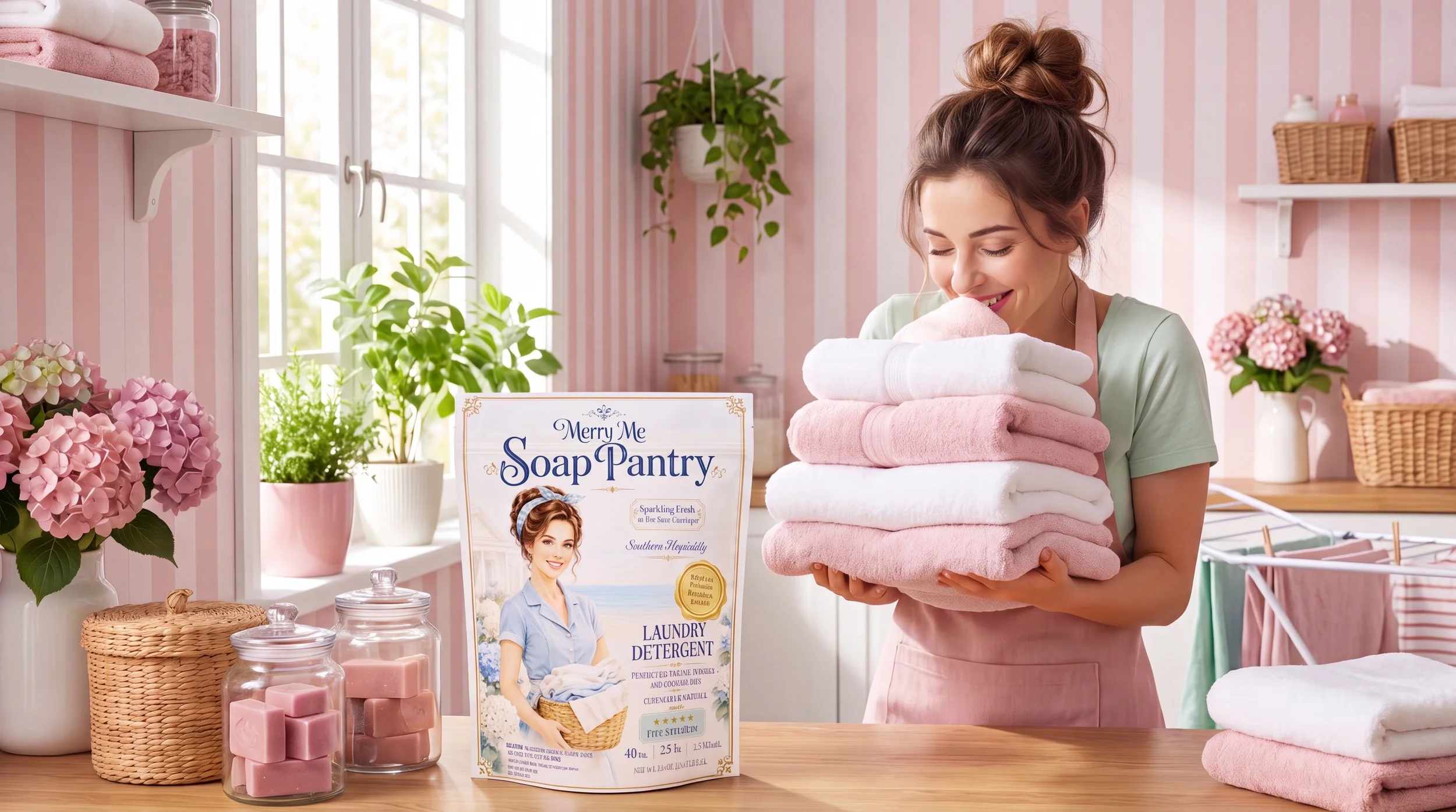 A woman with a bun hairstyle holding neatly folded pink and white towels at a soap and laundry supply store with pink striped walls, pink hydrangeas, green plants, and baskets in the background.