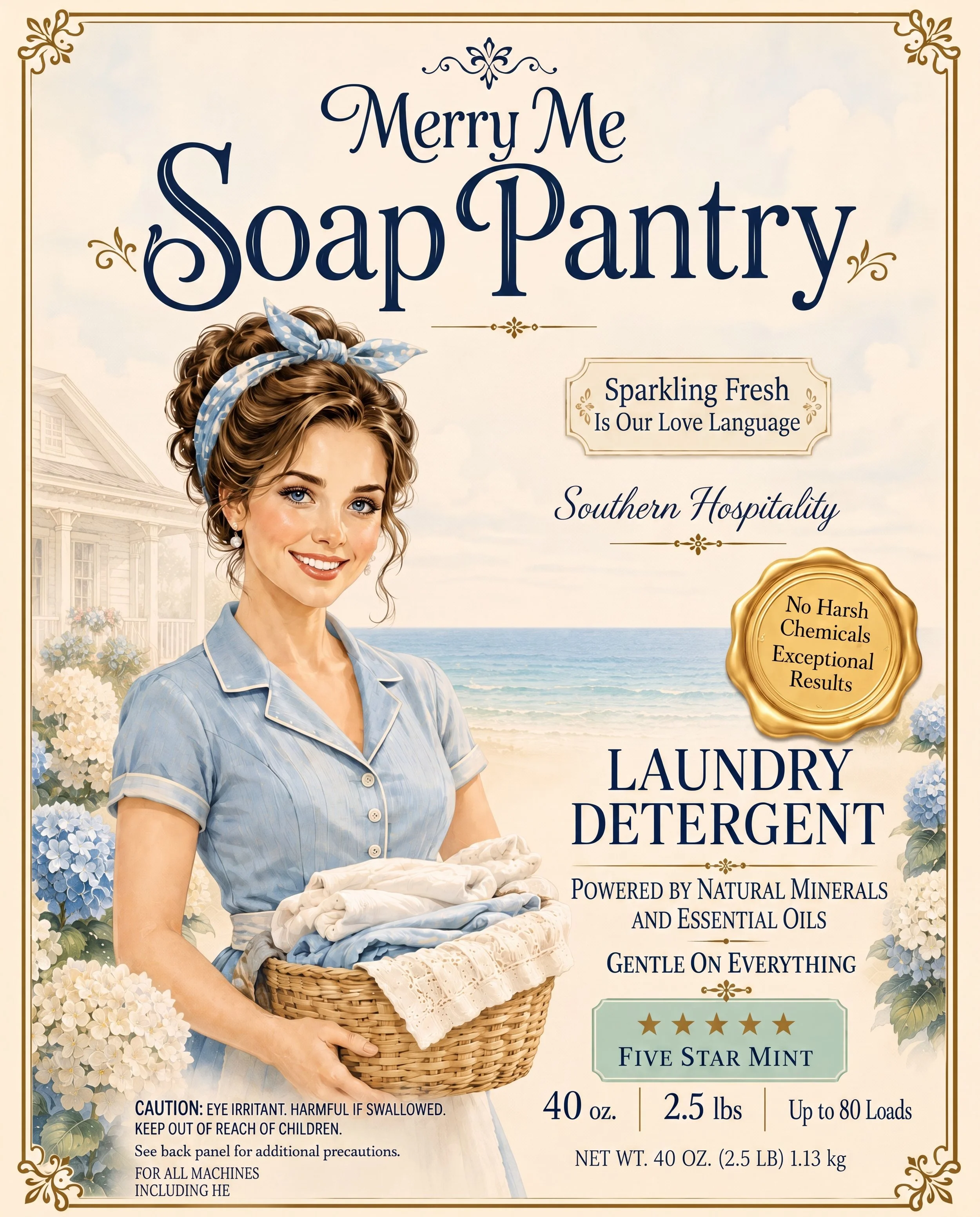 A vintage-style label for laundry detergent featuring a woman in a 1950s style dress with a blue and white polka dot headscarf. The label has flowers and gold accents, and the product is called "Merry Me Soap Pantry." It emphasizes natural ingredients, gentleness, and a five-star mint flavor, with details about size and weight.