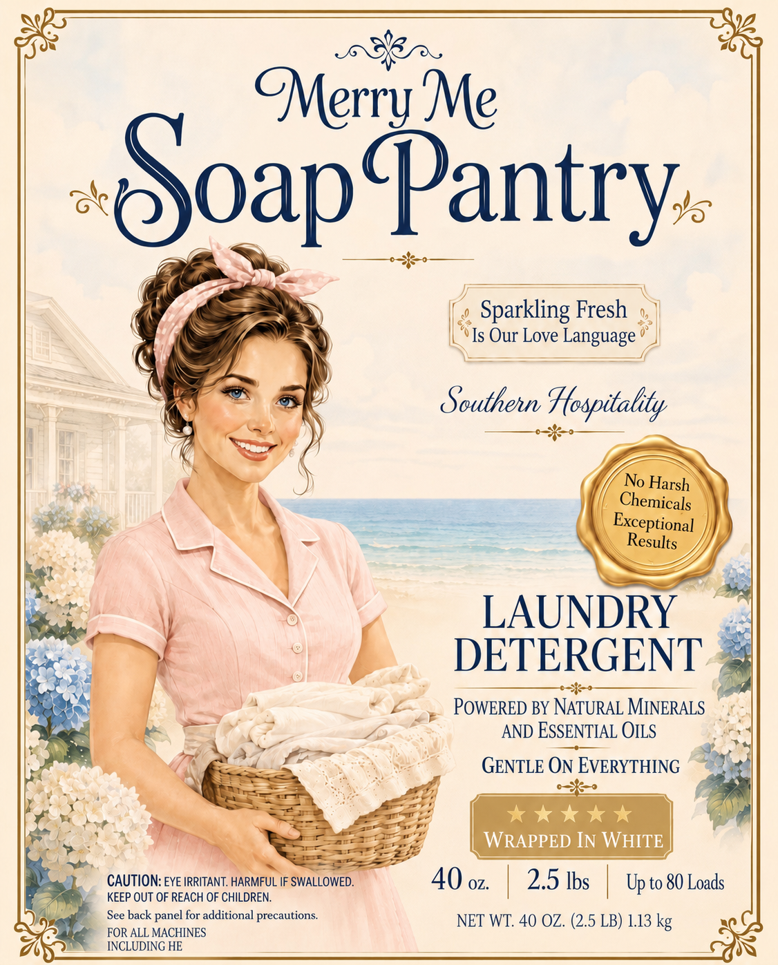 Packaging for a laundry detergent branded 'Merry Me Soap Pantry' featuring a woman in vintage attire holding a laundry basket outdoors by the shore, with flowers and a house in the background, emphasizing natural ingredients and gentle cleaning.