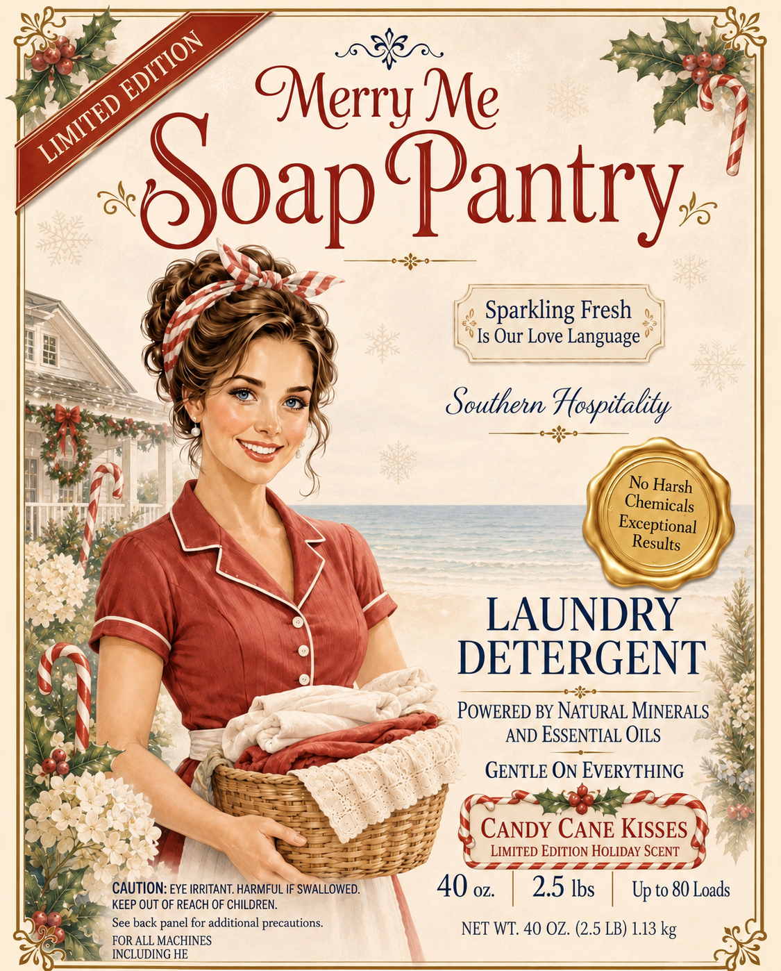 A festive Christmas-themed advertisement for Merry Me Soap Pantry laundry detergent featuring a woman in vintage attire holding clean laundry in a basket, with holiday decorations and a beach scene in the background.