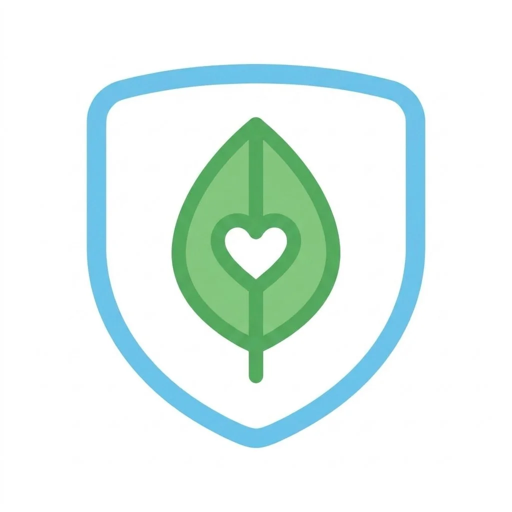 A logo featuring a green leaf with a heart shape in the center, outlined by a darker green border, enclosed within a light blue shield outline.