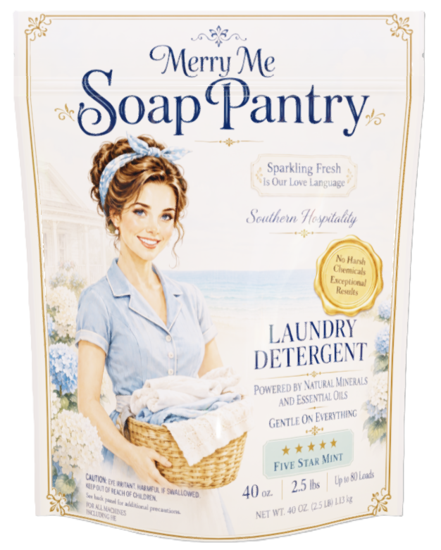 Packaging for Merry Me Soap Pantry laundry detergent featuring a smiling woman with red hair in a blue blouse holding a basket of laundry, with a beach and floral background.