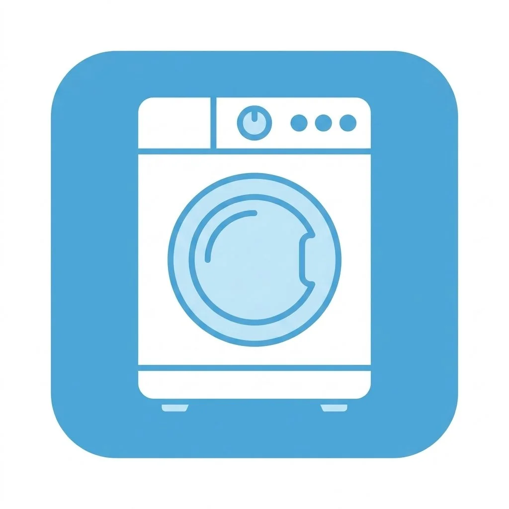 Illustration of a front-loading washing machine icon on a blue background.