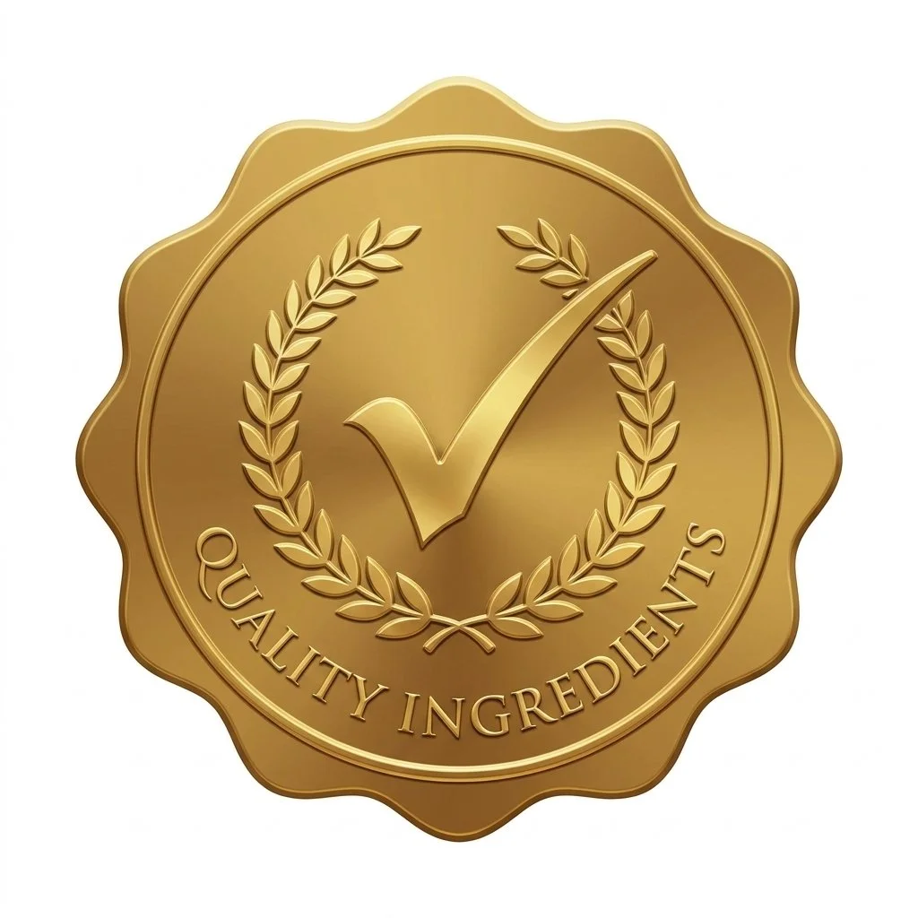 Gold seal badge with a check mark, laurel wreath, and the words "Quality Ingredients"