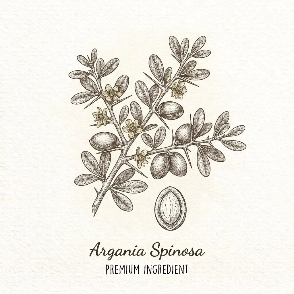 An artistic black and white illustration of a Mediterranean shrub with leaves, flowers, and almonds, labeled 'Argania Spinosa, Premium Ingredient'.