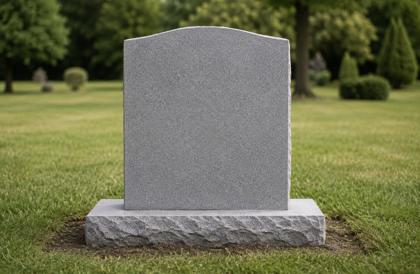 Empty gray tombstone in a grassy cemetery with trees in the background.