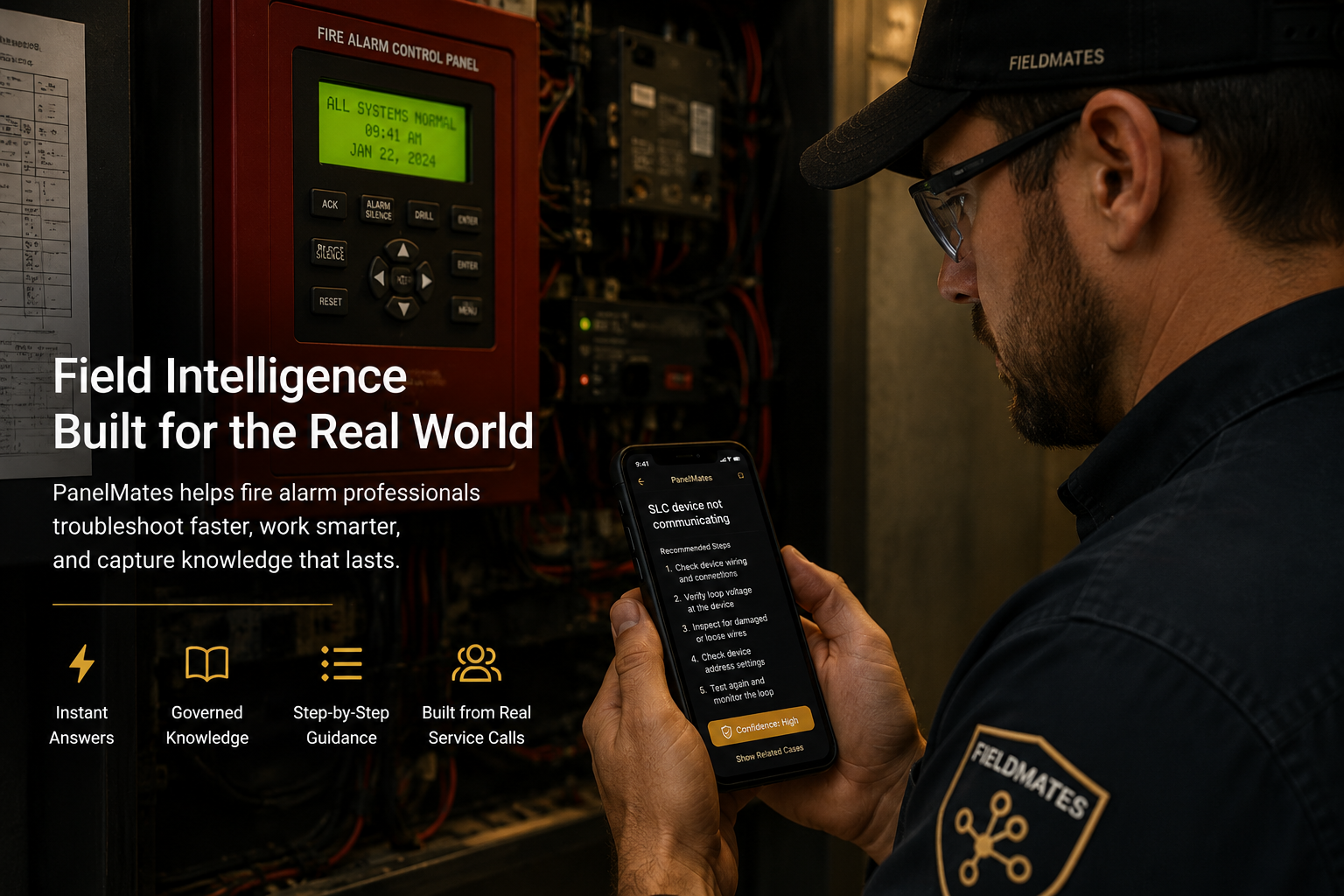 ire alarm technician using the PanelMates mobile app while inspecting a fire alarm control panel.