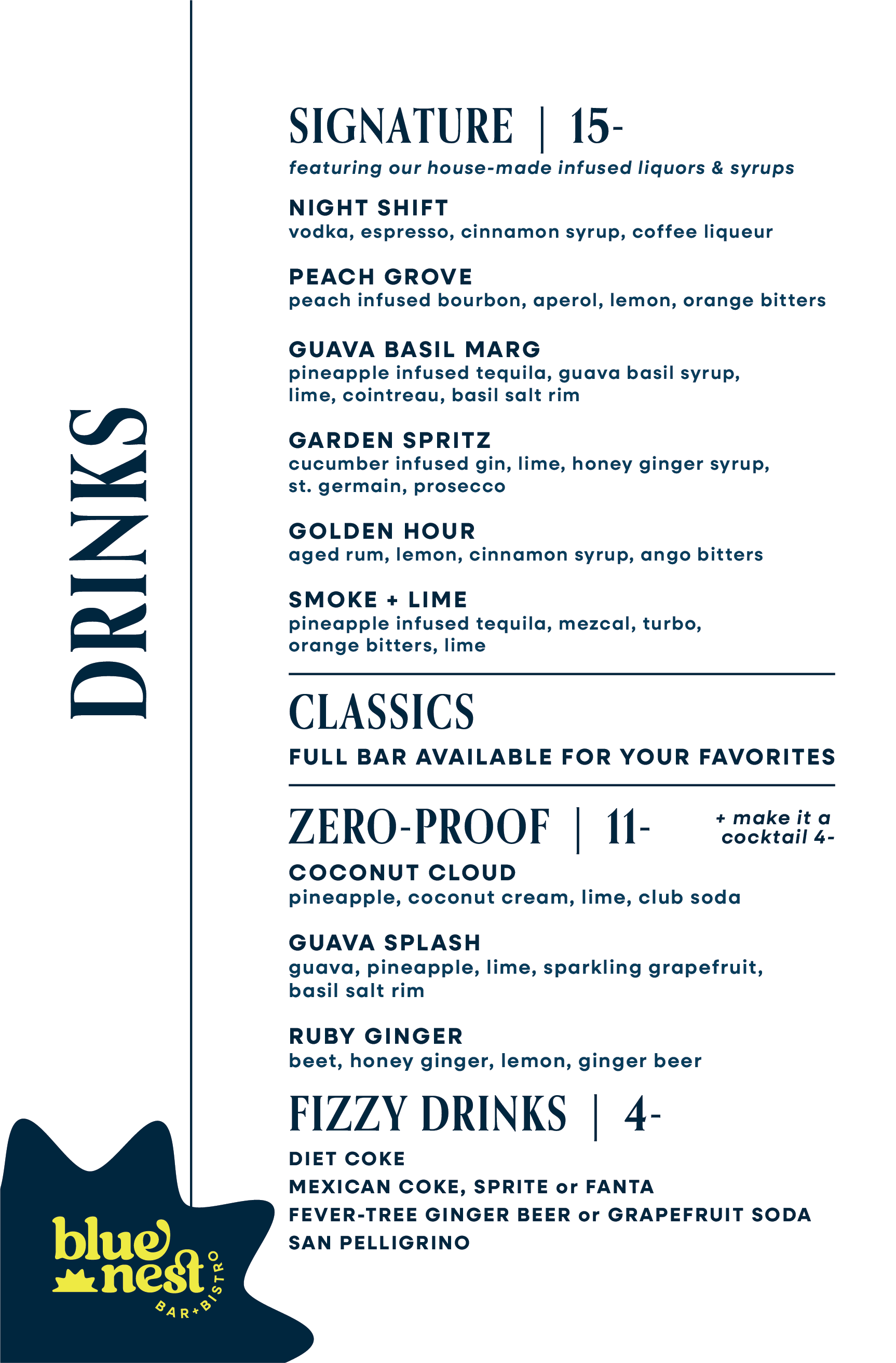 A menu from Blue Nest Bar & Bistro listing signature drinks, classics, zero-proof drinks, and fizzy drinks with various cocktail descriptions and prices.