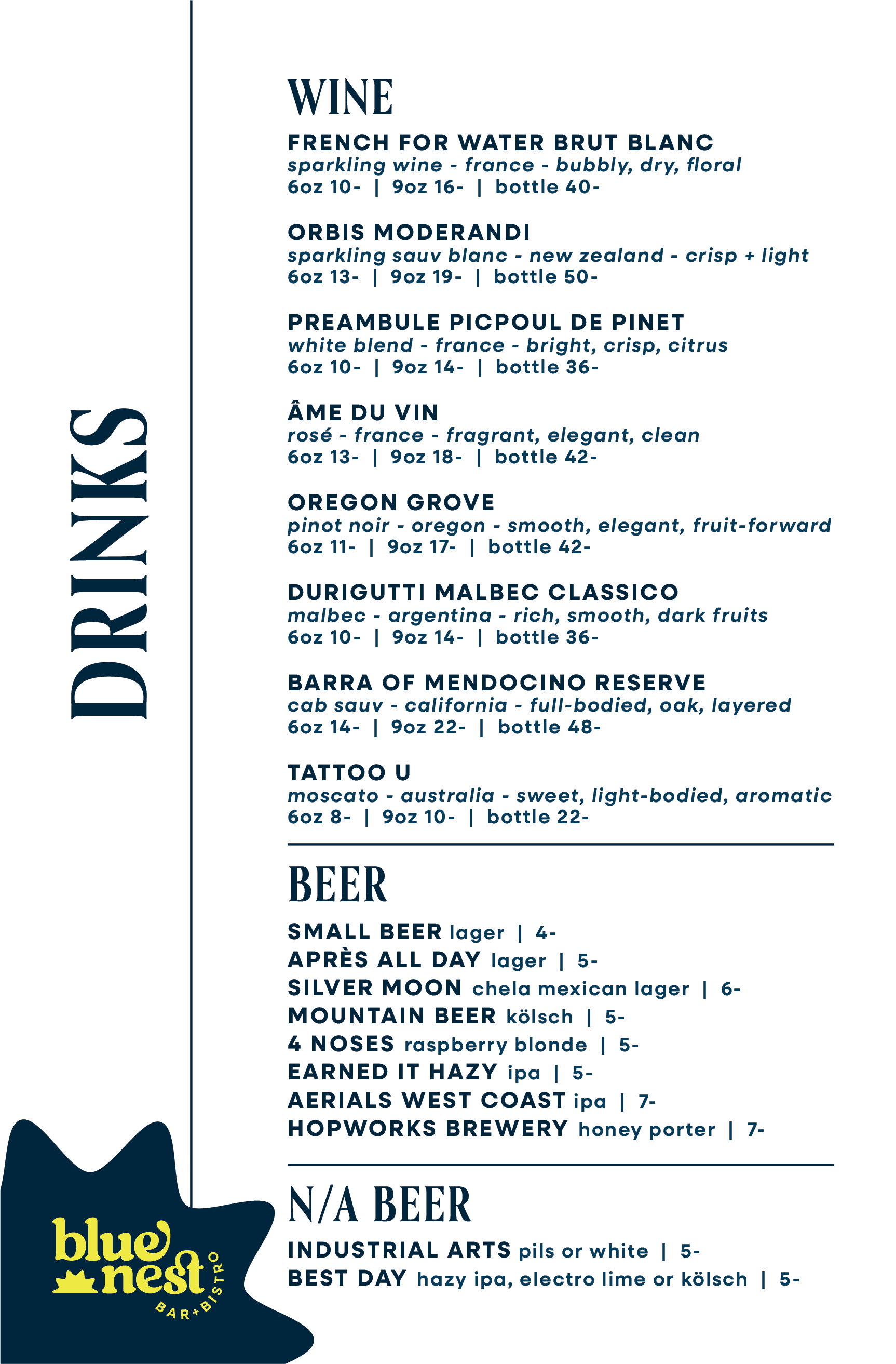 Part of a drinks menu featuring a list of wines and beers with descriptions and prices, published by Blue Moon Bar & Bistro.