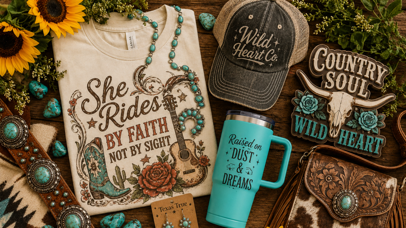 A flat lay of boho-style accessories and clothing items, including a white t-shirt with the text "She Rides by Faith Not by Sight" and floral designs, a turquoise travel mug with the phrase "Raised on Dust & Dreams," a gray baseball cap with "Wild Heart Co" embroidered, turquoise jewelry, a cowboy belt with turquoise accents, a small jewelry box, a cow skull with floral embellishments, and various decorative elements like flowers, turquoise stones, and a leather wallet with a turquoise brooch.