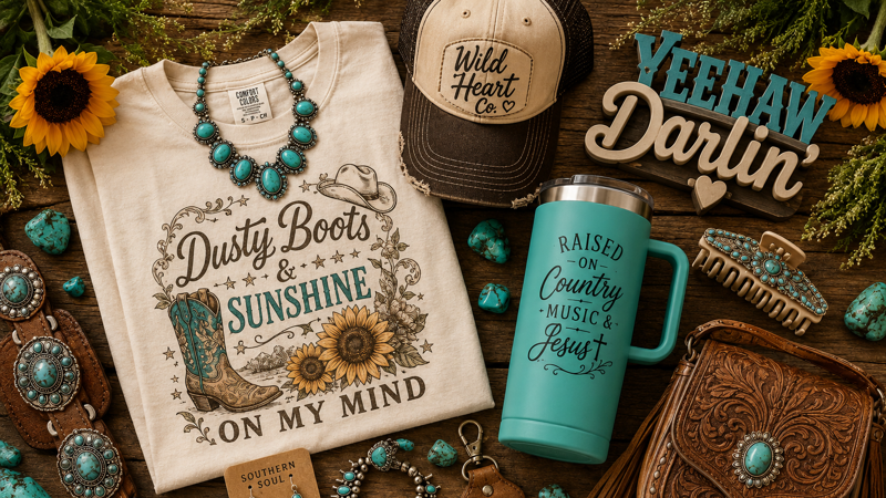 Flat lay of country-themed accessories including a t-shirt, mug, hat, jewelry, a leather wallet, and decorative elements like sunflowers and turquoise stones.