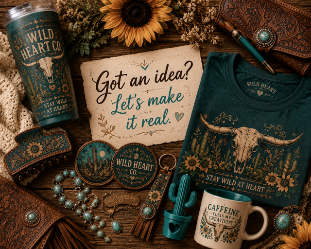 Flat lay of wild west-inspired items including a green insulated tumbler, sunflower, decorative patches, turquoise jewelry, a t-shirt with a deer skull and flowers, a sign that says "Got an idea? Let's make it real," a coffee mug that reads "Caffeine fuels my creativity," a ring, a wallet, and a turquoise cactus-shaped pot.