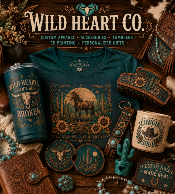 Display of Wild Heart Co. western-themed products including a teal tumbler with a steer skull and the phrase "Wild Hearts Can't Be Broken," a t-shirt with a horse and cactus design and the quote "Stay Wild at Heart," a decorative leather wallet, a cactus-shaped jewelry holder, a mug with a cowboy hat and the phrase "Cowgirl Soul," a turquoise and brown jewelry box, a belt, and various jewelry items, all set on a wooden surface.