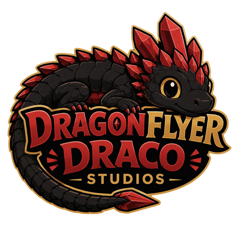 Logo for Dragon Flyer Draco Studios featuring a cartoon dragon with red crystals on its head, black scales, and large eyes.