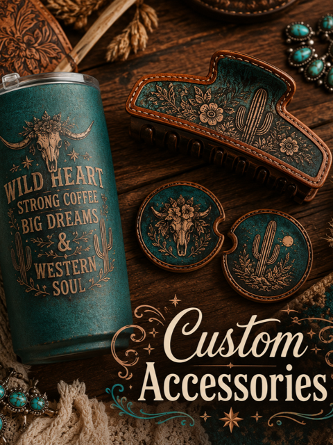 A teal cup with a bull skull design and the words 'Wild Heart, Strong Coffee, Big Dreams & Western Soul'. Beside it are custom accessories including a belt, round patch, and sunglasses with western-themed designs. There are necklaces with turquoise stones nearby.