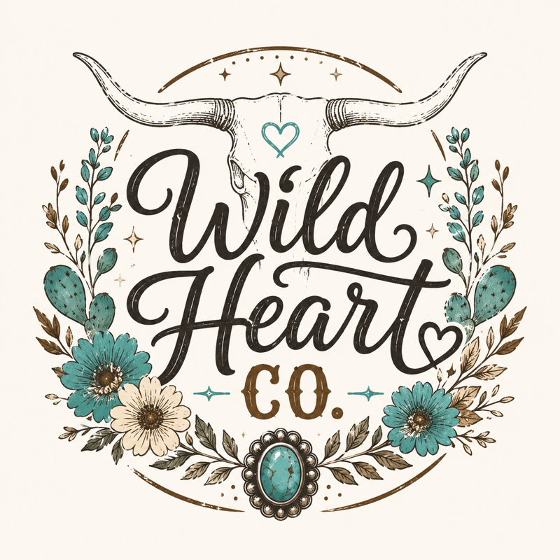 Illustration of a cow skull with horns, surrounded by blue and white flowers, leaves, and decorative elements, with the text "Wild Heart Co." in a cursive font.