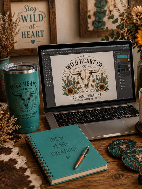 Computer displaying a Wild Heart Co. logo with a cow skull and floral design, surrounded by a teal tumbler, a teal notebook titled 'Ideas Plans Creations,' and decorative items on a wooden desk with framed wall art in the background.