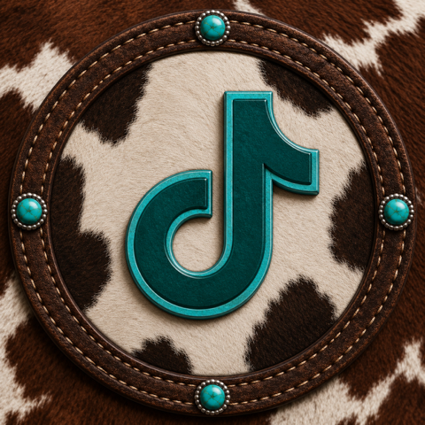 Close-up of a TikTok logo badge on a cowhide background with a leather border and turquoise decorative studs.