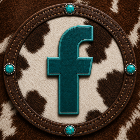 Facebook logo on a decorative background with leather and cowhide patterns.