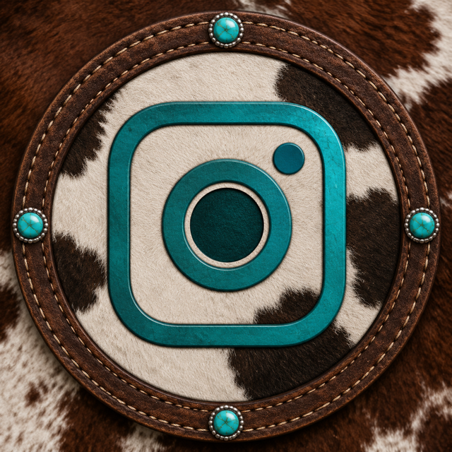 Instagram logo on a round leather badge with turquoise embellishments, mounted on a cowhide background.