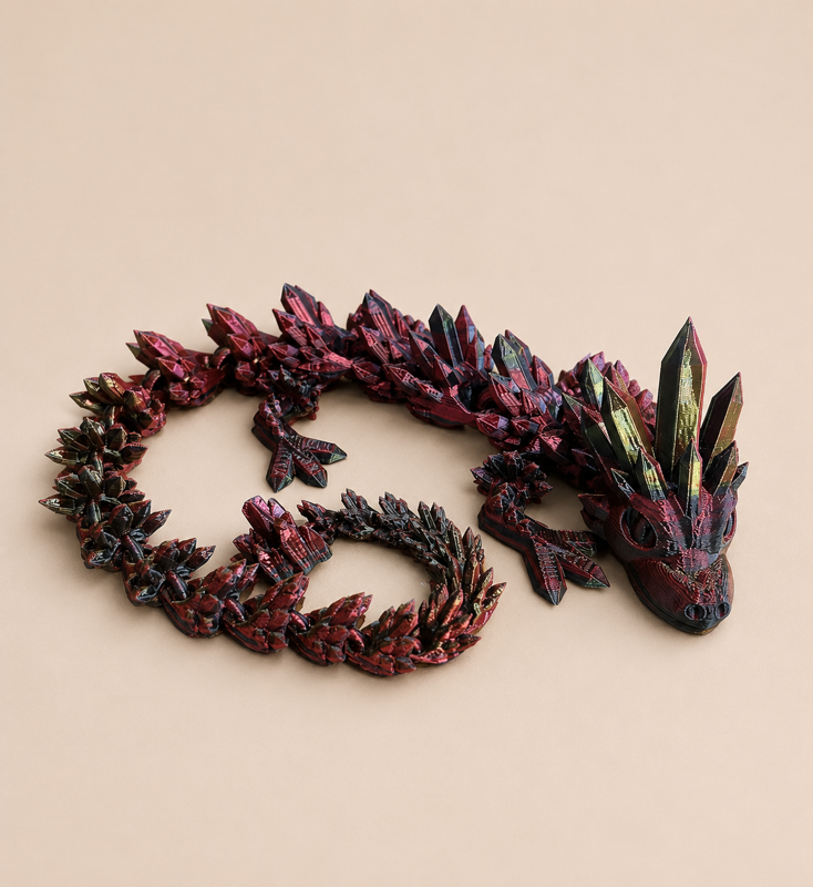 A decorative dragon sculpture made of red, black, and green iridescent materials with detailed scales, claws, and facial features sitting on a plain light-colored surface.