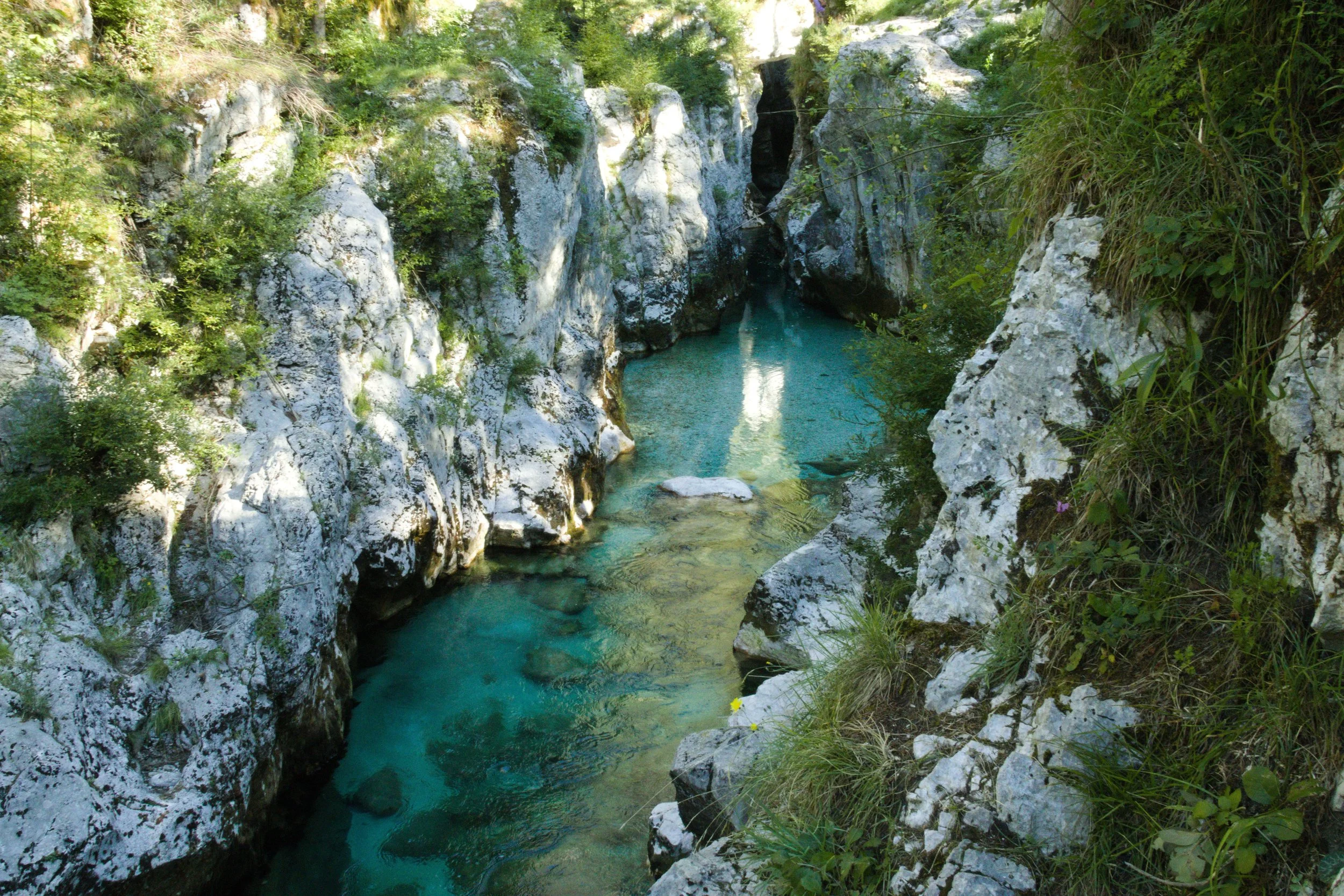 A narrow river flowing through a rocky canyon surrounded by greenery and trees.