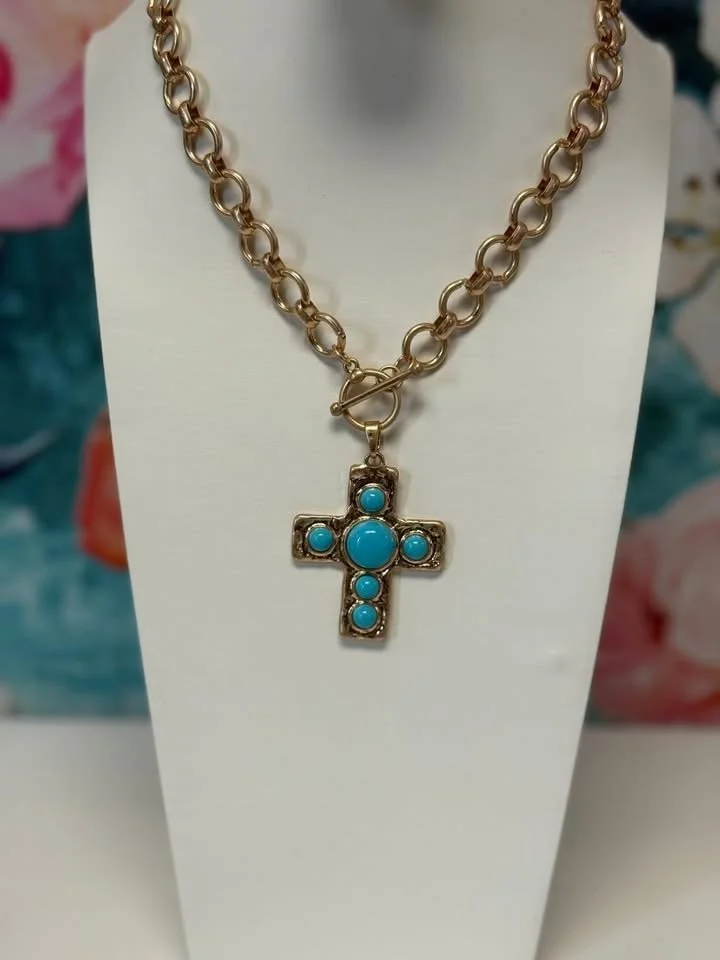 Pearl Cross Pendant Chunky Chain Necklace