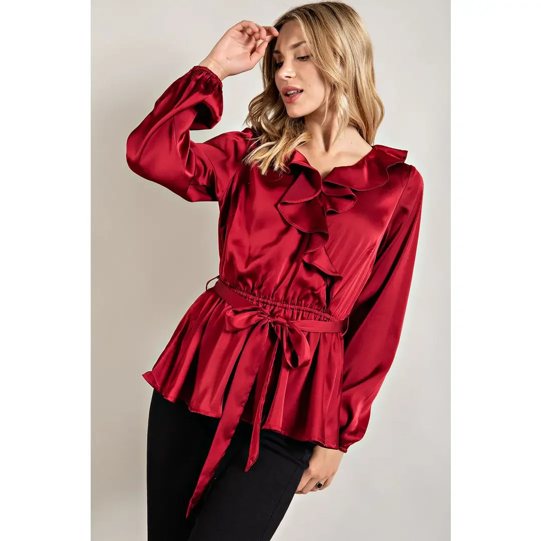 Burgundy Ruffled Satin Top with Self Tie Belt
