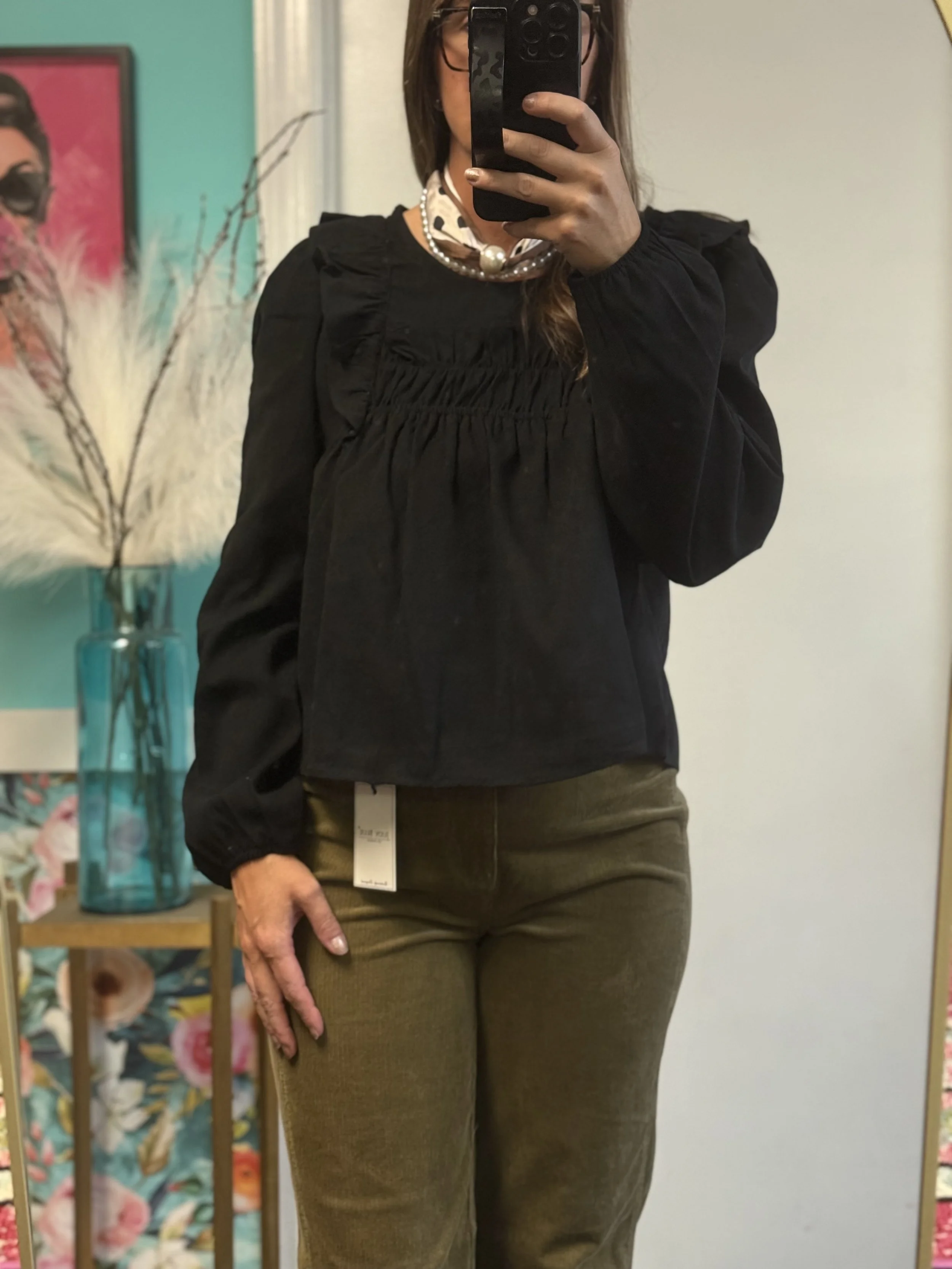 Black Casual Ruffle Shoulder Woven Blouse Top
