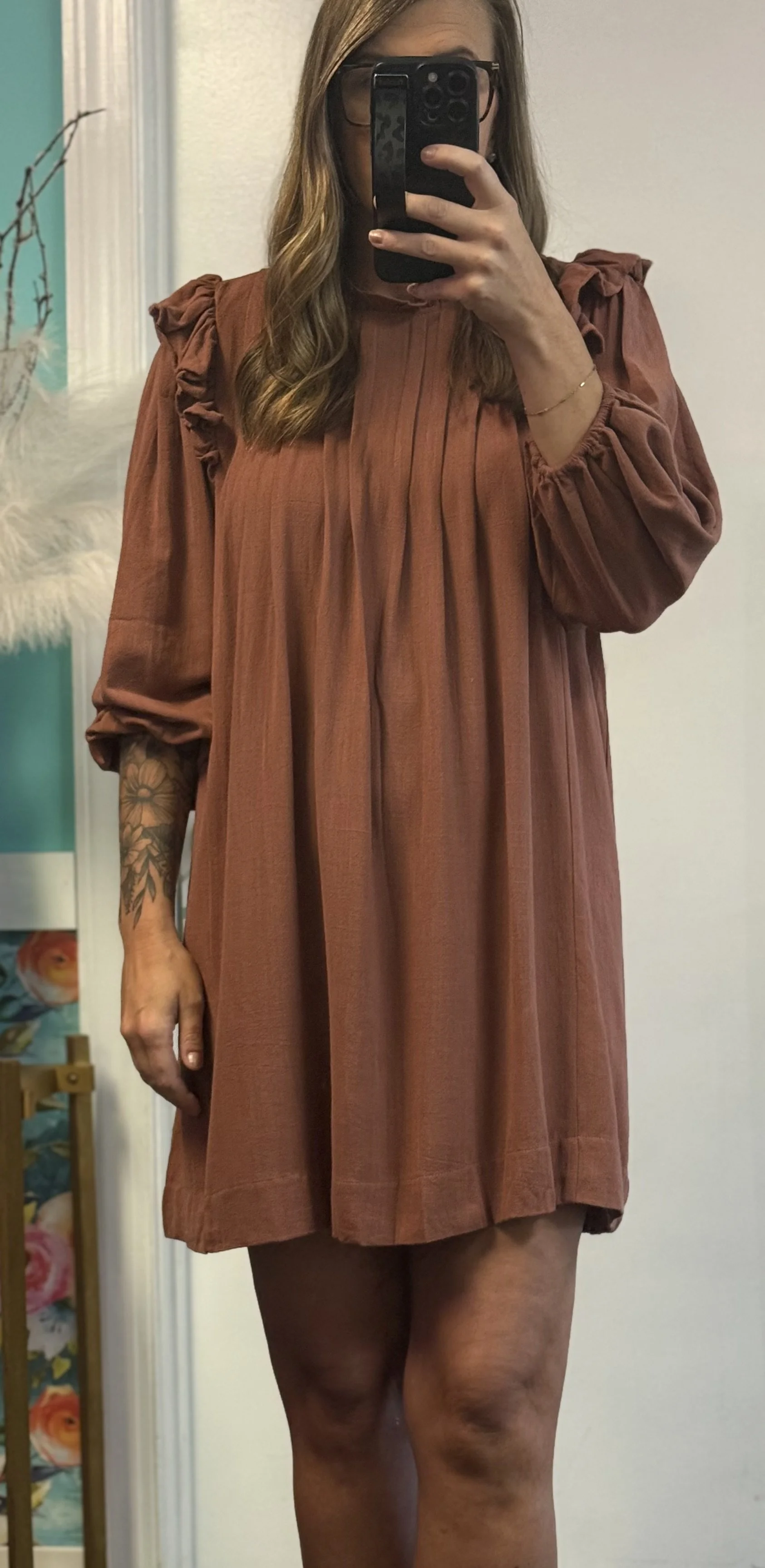 Red Clay Linen Ruffle Dress