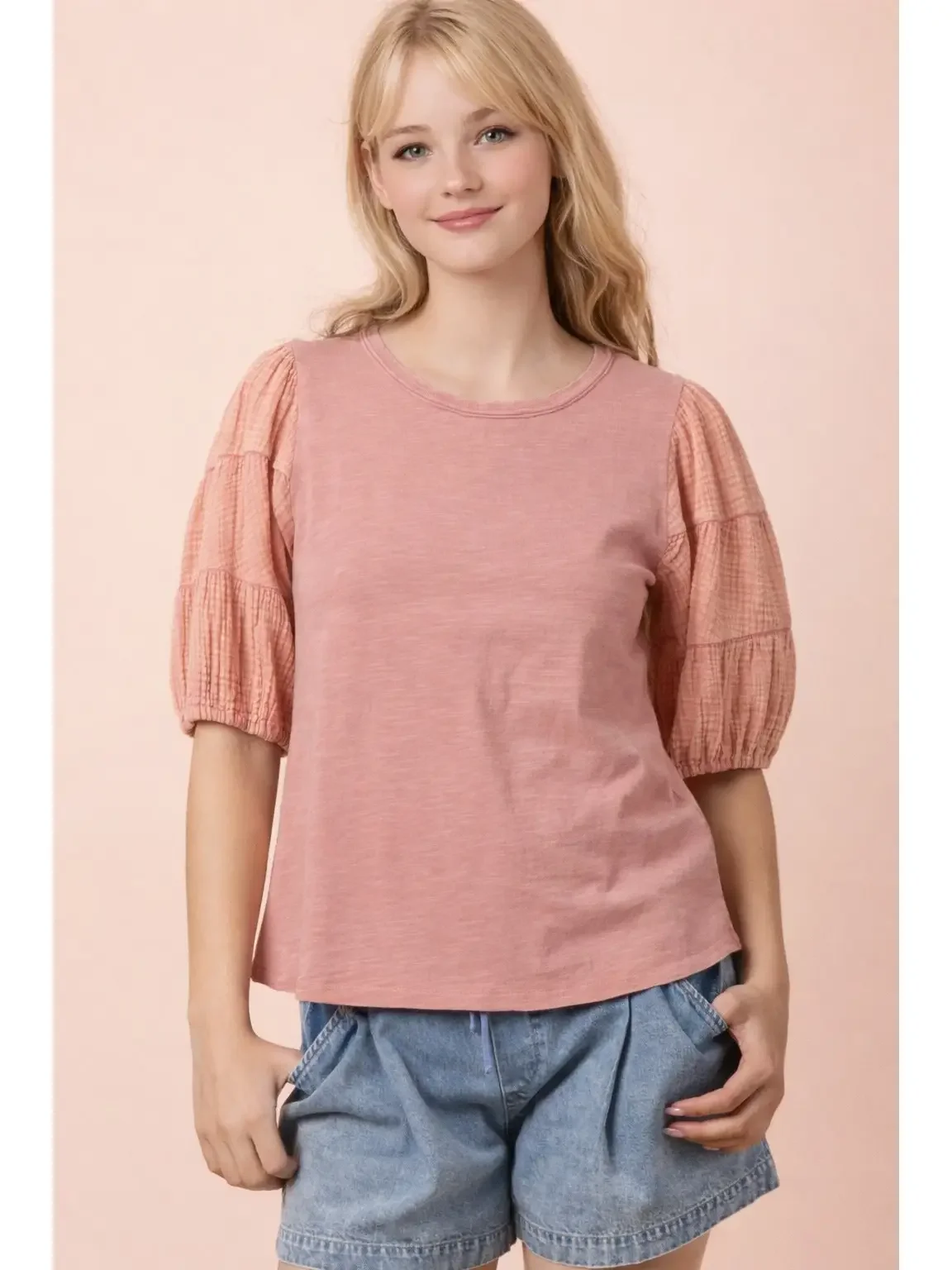 Blush Mineral Washed Puff Sleeve Top
