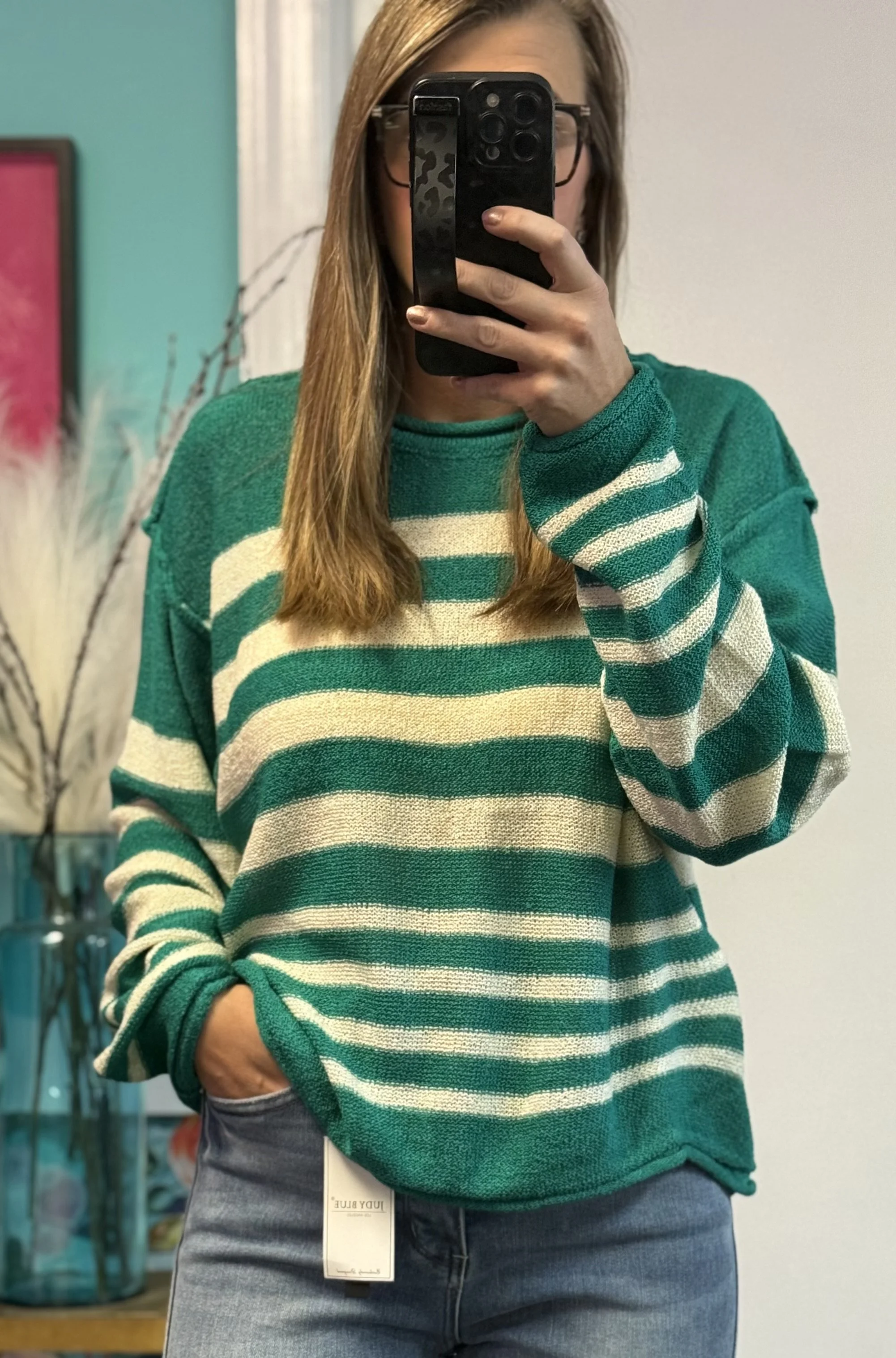 Kelly Green Striped Oversized Knit Sweater Top