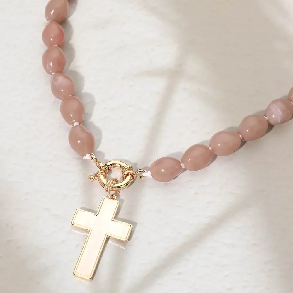 Pink Mother of Pearl Cross Pendant Beaded Necklace