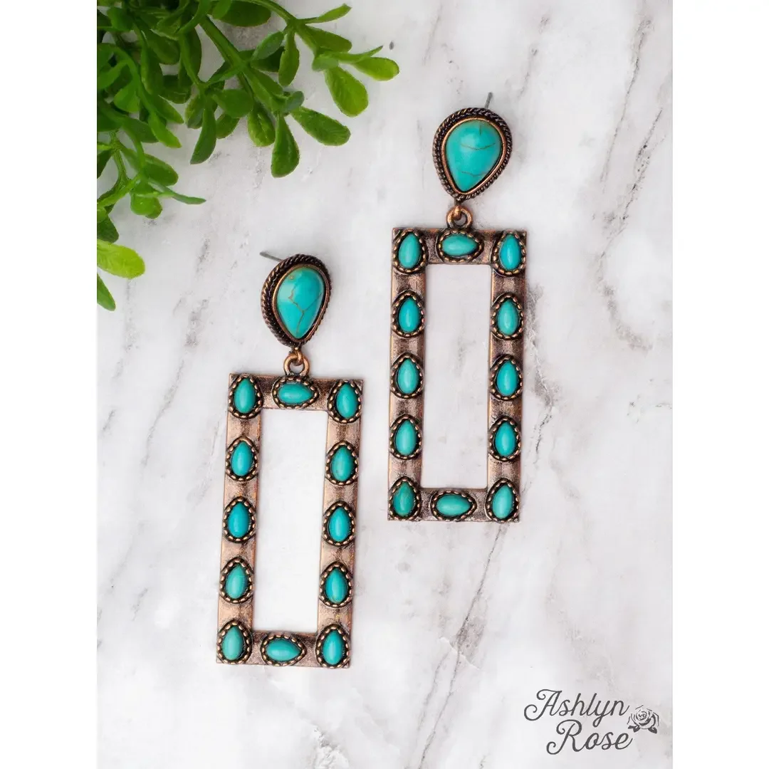 Let's Go Square Dancing Teardrop Turquoise Stone Copper Rectangle Earrings